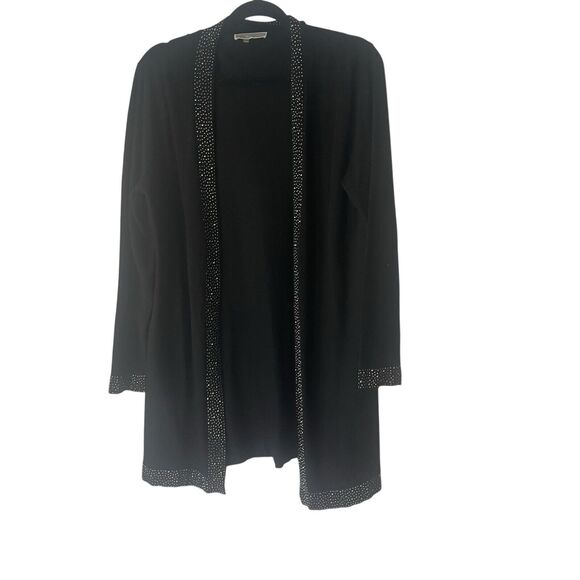 Liquid Medium Black Rhinestone Party Soft Viscose Wool Blend Cardigan Sweater - Picture 1 of 9